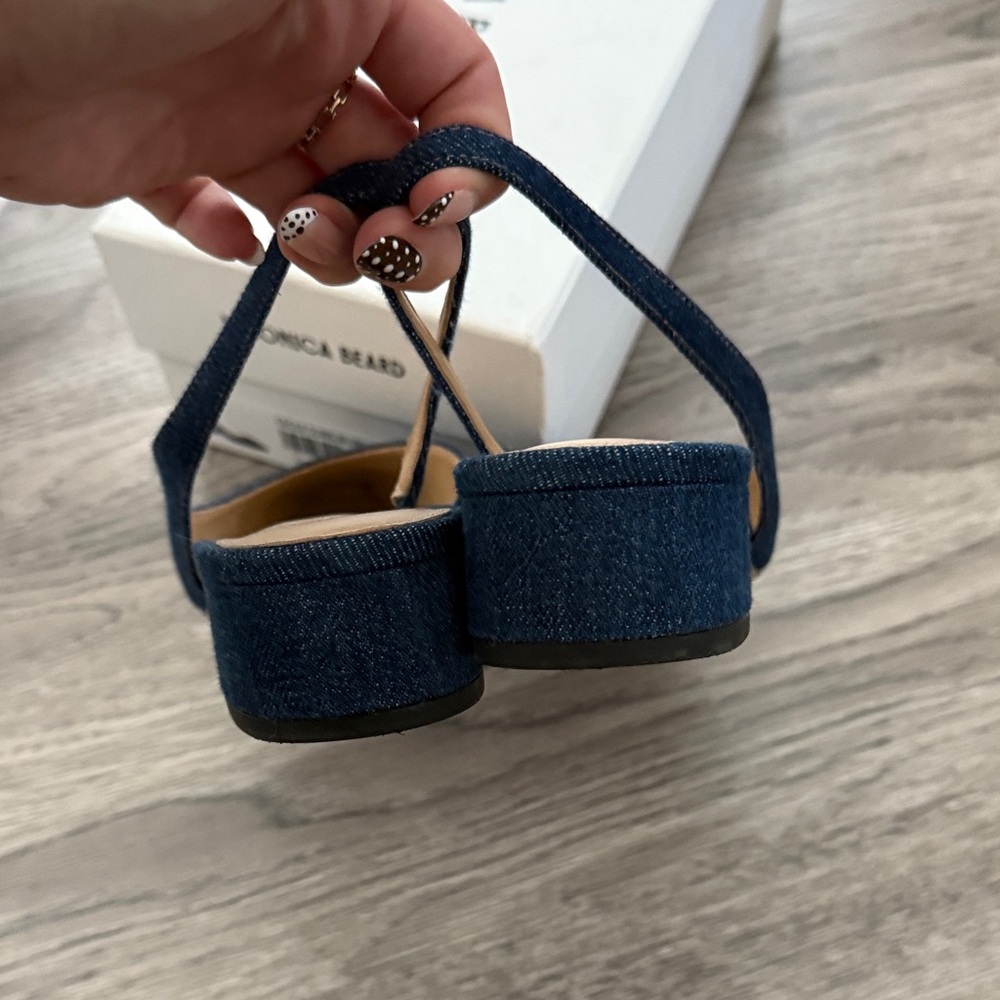 Veronica Beard Cecile Denim Slingback Flats with Black Cap Toe - Picture 2 of 5